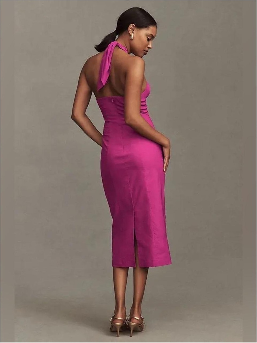 BHLDN Twist-Halter Midi Dress in Bright Magenta - Picture 2 of 10